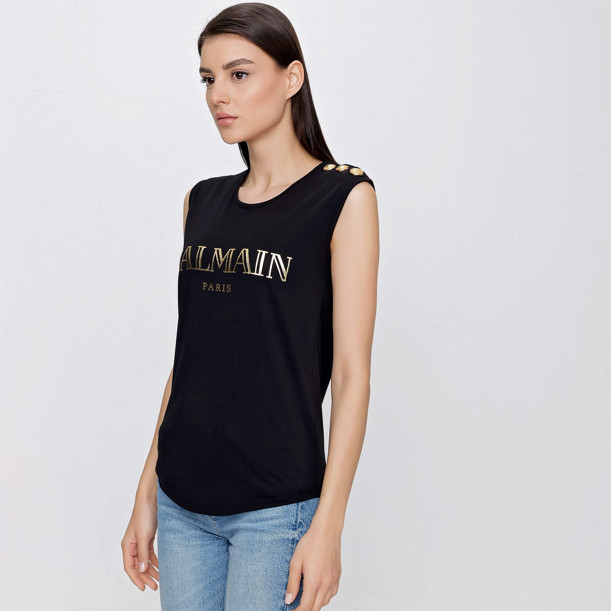 Balmain - Black Gold Tone Balmain Logo Sleeveless T-shirt